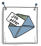 line drawing of an open envelope with a piece of paper emerging that says "job offer"